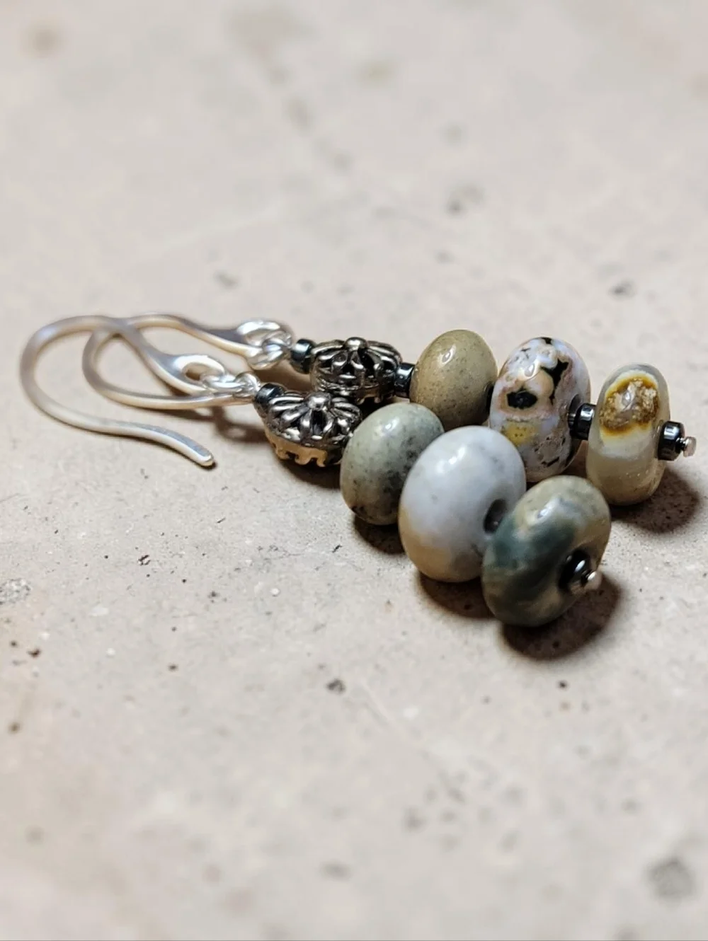 Handmade Opal Dangle Earrings Silver Tone Boho Earthy Beaded Drop